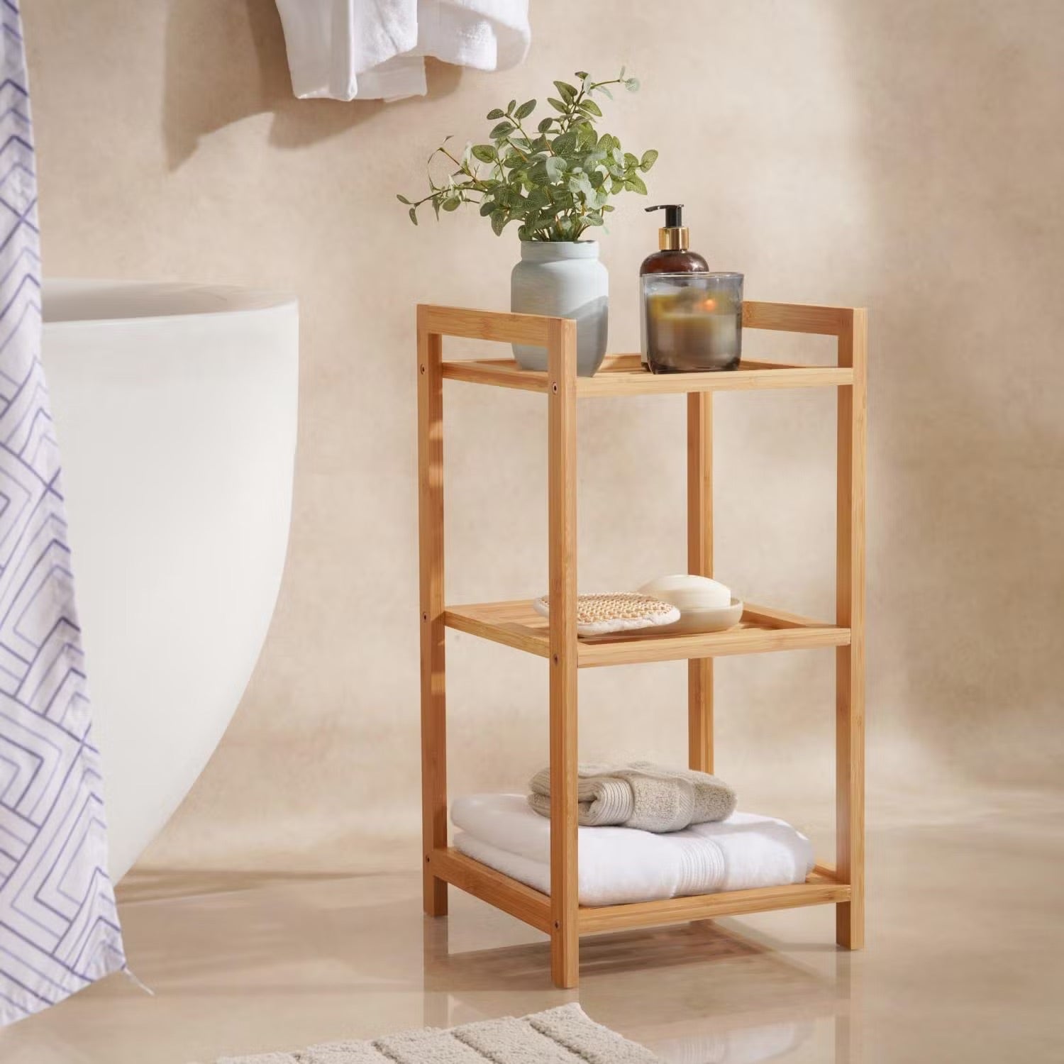 Natural Finish 3-Tier Bamboo Bath Rack - 30x30x57cm | Stylish & Durable Bathroom Storage Solution