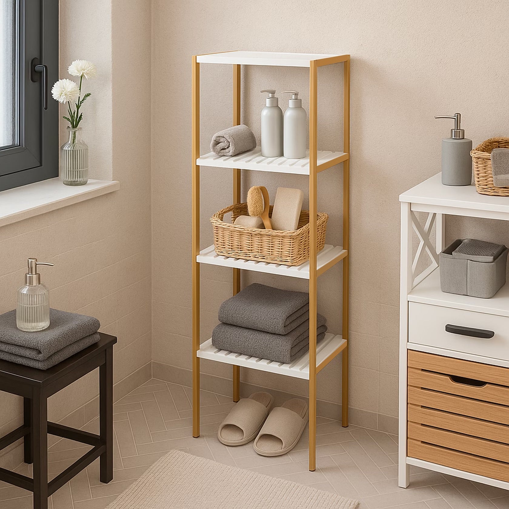 4-Tier White Bamboo Bath Shelf - Stylish & Durable Storage Solution (34x33x110cm)