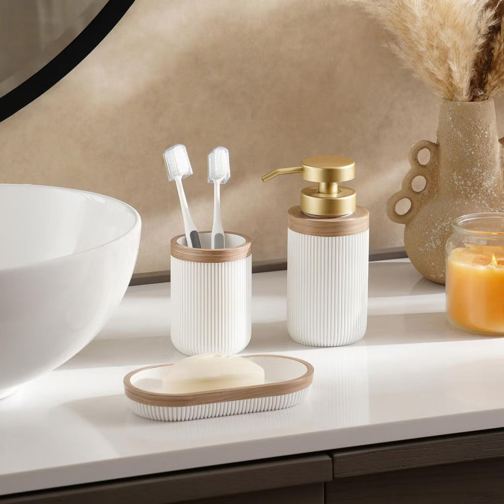Elegant White Bathroom Soap Dish, Dispenser & Tumbler Set - Modern Bathroom Accessories