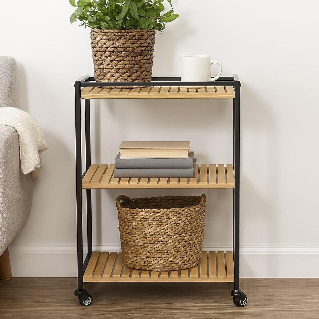 3-Tier Bamboo Trolley Cart - Multipurpose Storage Organizer, 47x33x77cm, Natural Finish - Ideal for Kitchen, Living Room & Office