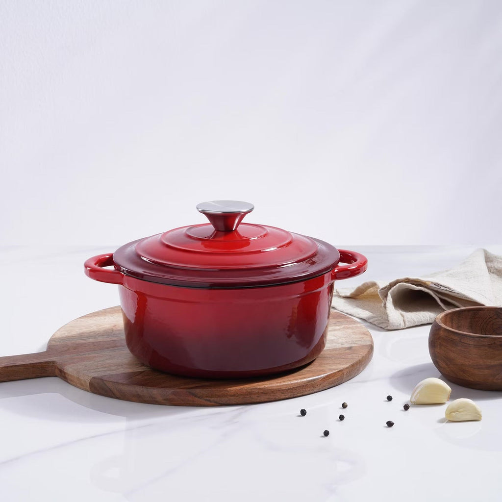 2L Ombre Red Enameled Cast Iron Cooking Pot - Durable, Versatile, and Stylish Kitchen Essential