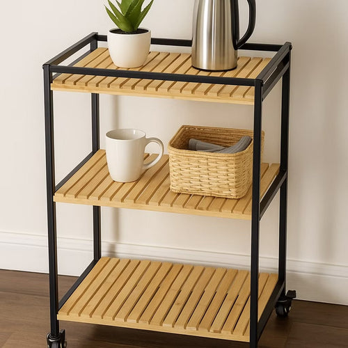 3-Tier Bamboo Trolley Cart - Multipurpose Storage Organizer, 47x33x77cm, Natural Finish - Ideal for Kitchen, Living Room & Office