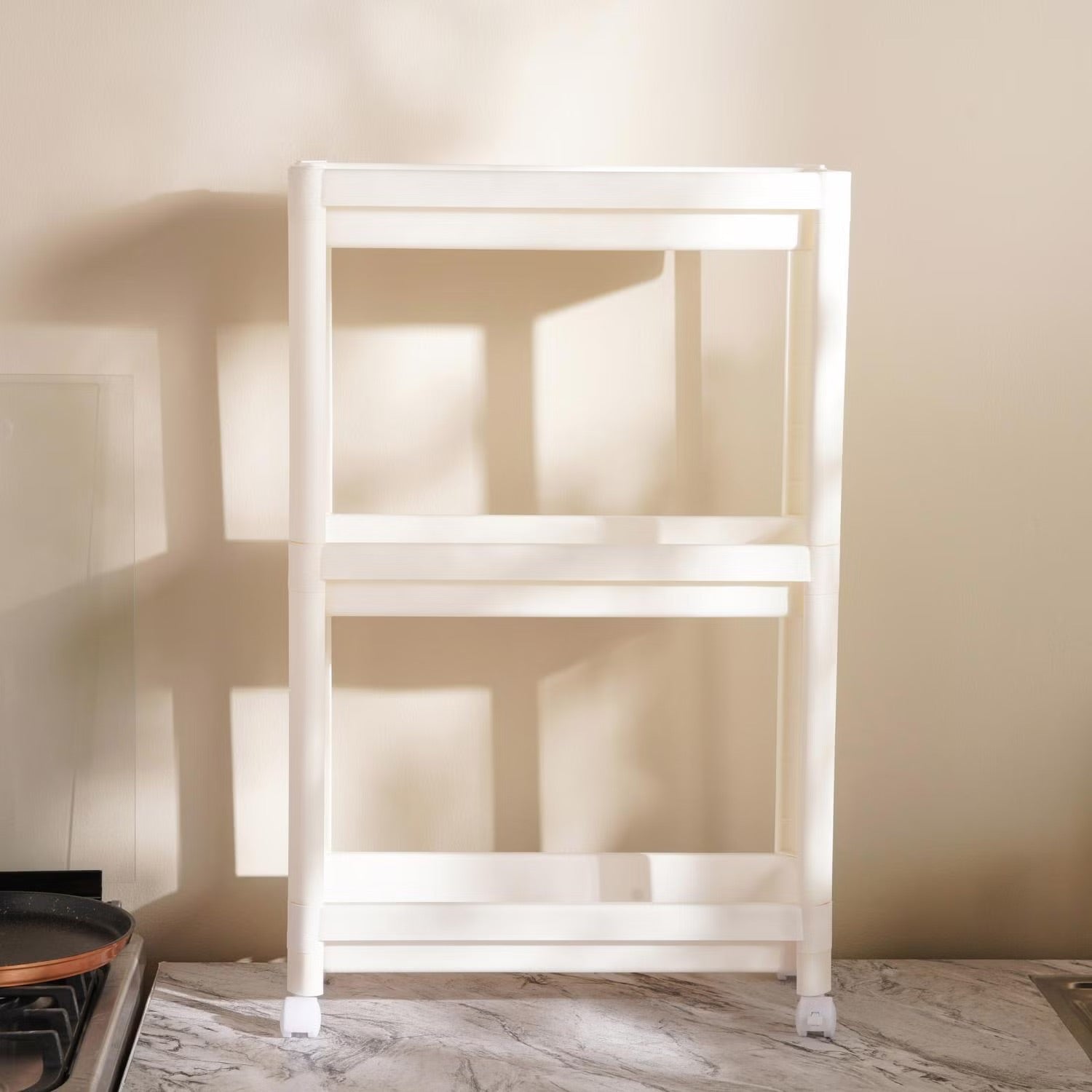 3-Tier Narrow Kitchen Storage Rack on Wheels - Space-Saving White Organizer for Easy Mobility