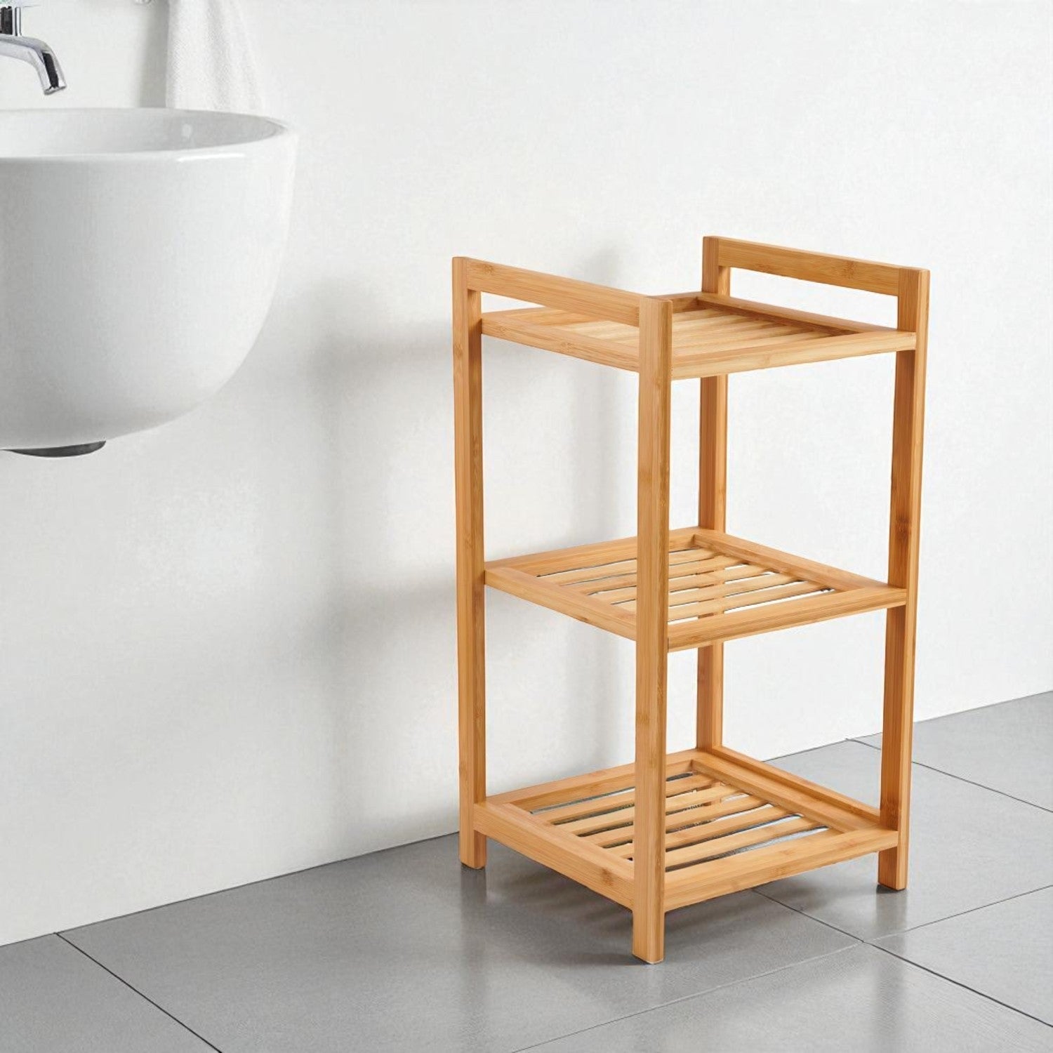 Natural Finish 3-Tier Bamboo Bath Rack - 30x30x57cm | Stylish & Durable Bathroom Storage Solution