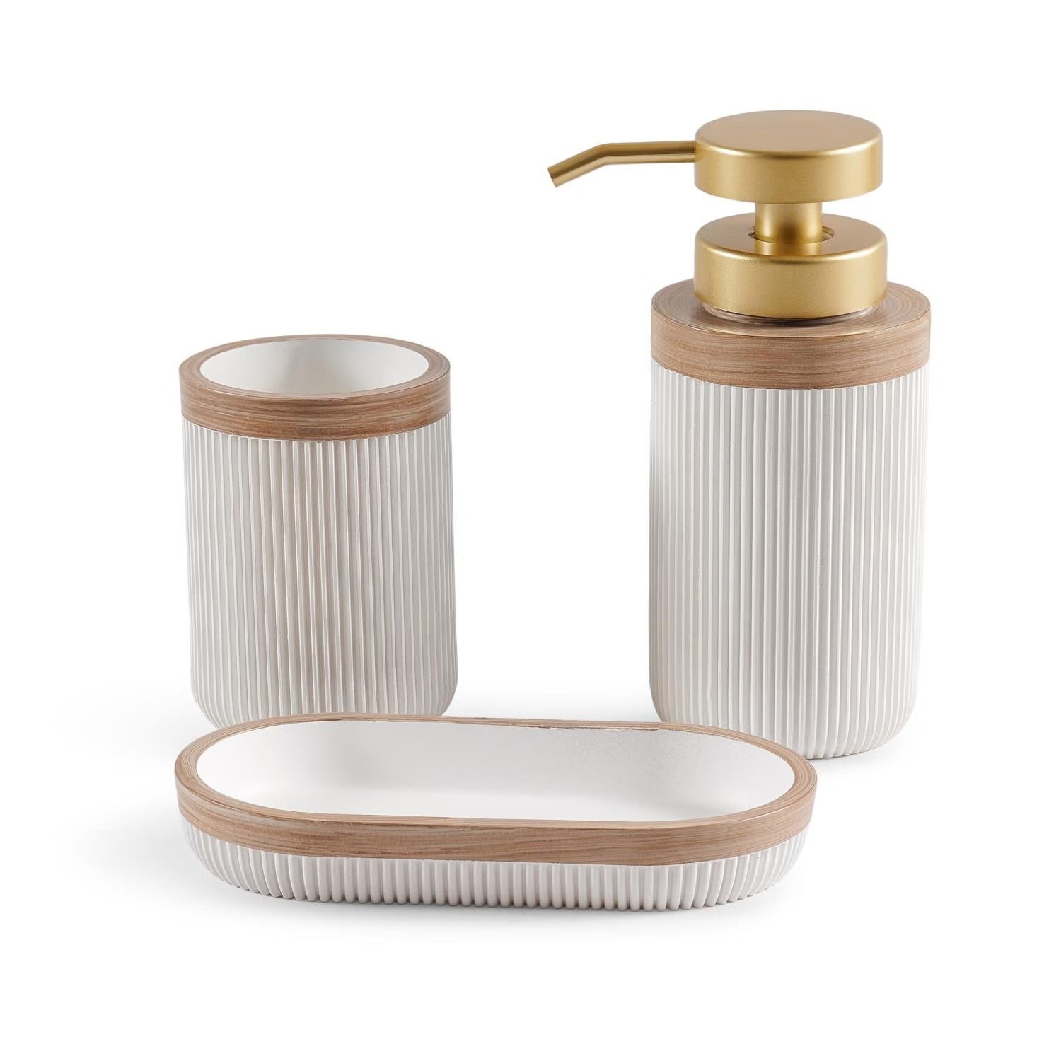 Elegant White Bathroom Soap Dish, Dispenser & Tumbler Set - Modern Bathroom Accessories