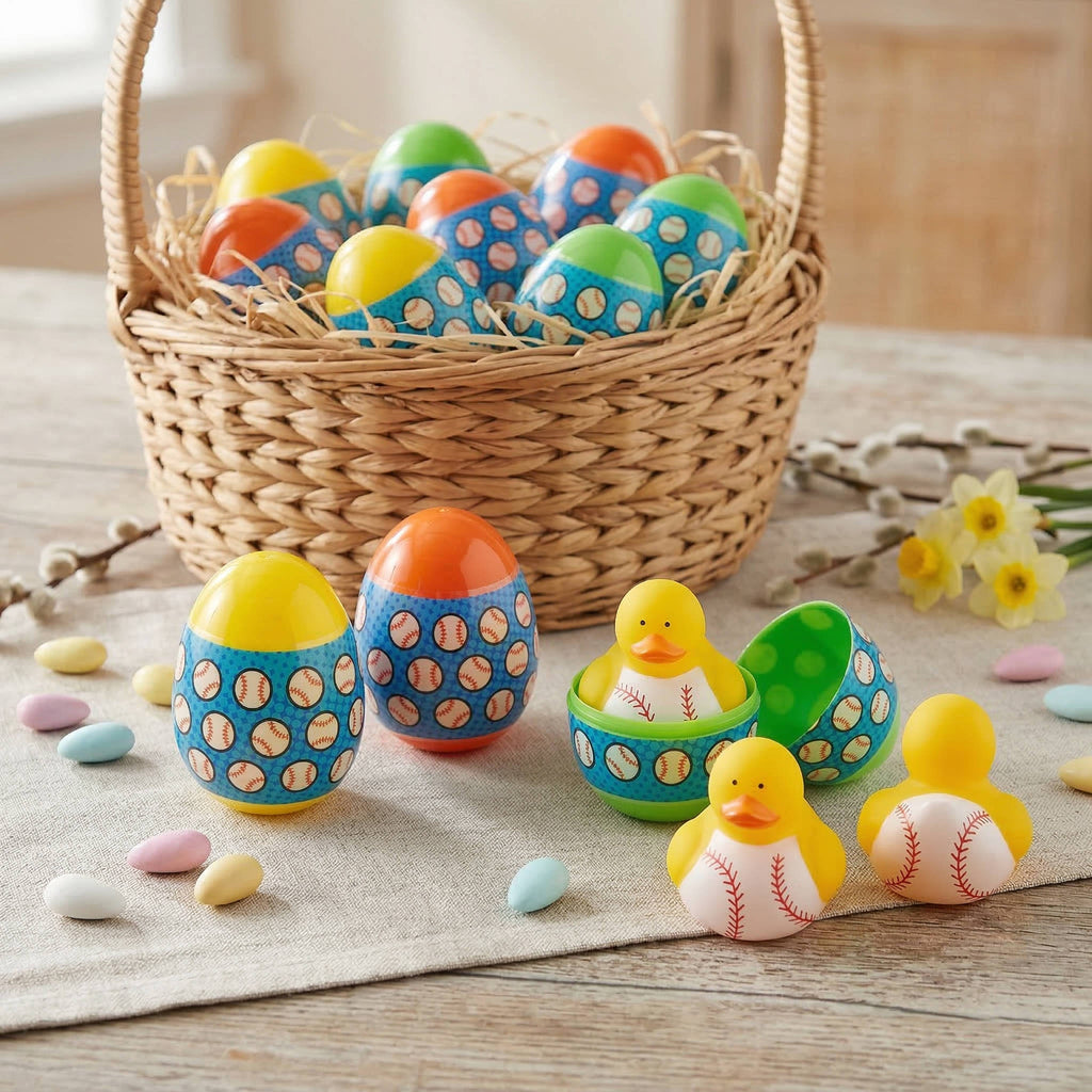 12-Pack Baseball Duck Easter Eggs with Vinyl Toy Surprises & Snap Closure - Fun Easter Basket Fillers