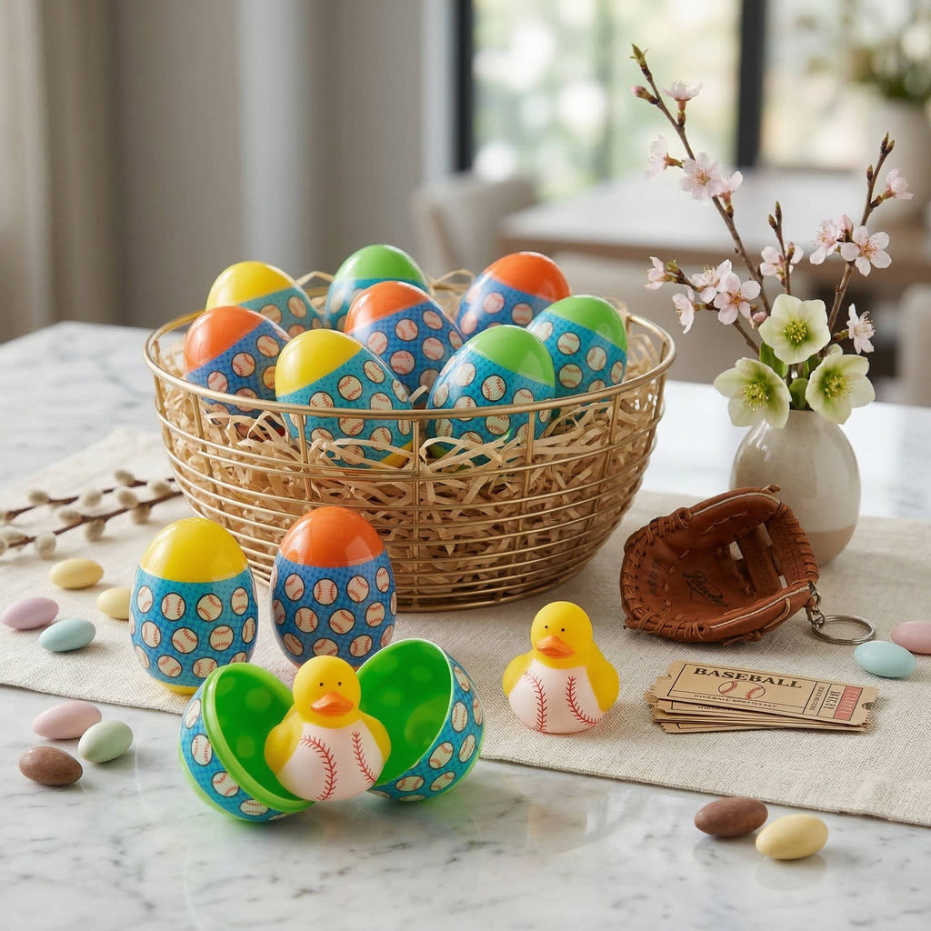 12-Pack Baseball Duck Easter Eggs with Vinyl Toy Surprises & Snap Closure - Fun Easter Basket Fillers