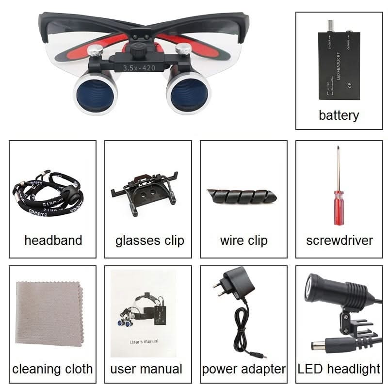 Adjustable Dental Loupes with 5W LED Headlight & Orange Filter - 2.5x to 3.5x Magnification for Precision Dentistry