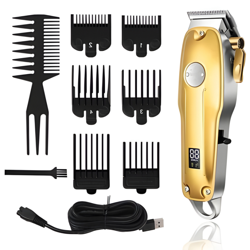 Professional Gold Hair Clipper Set for Men - 7 Piece Kit with Adjustable Blades for Precision Grooming
