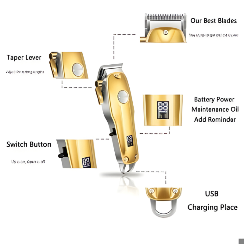 Professional Gold Hair Clipper Set for Men - 7 Piece Kit with Adjustable Blades for Precision Grooming