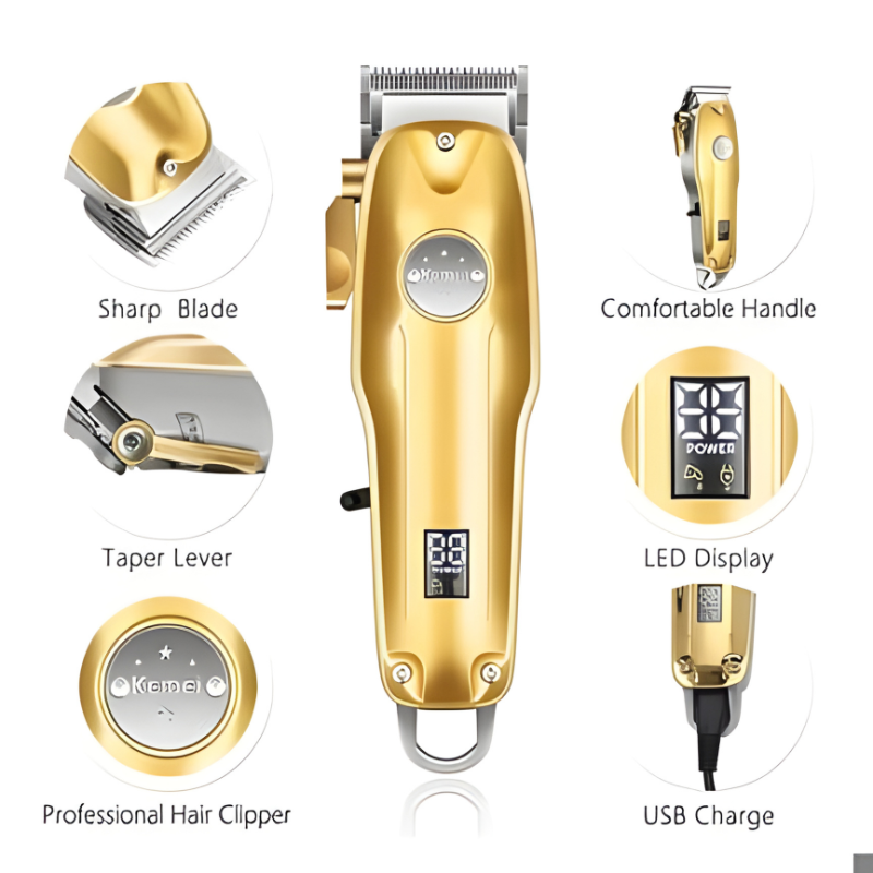 Professional Gold Hair Clipper Set for Men - 7 Piece Kit with Adjustable Blades for Precision Grooming