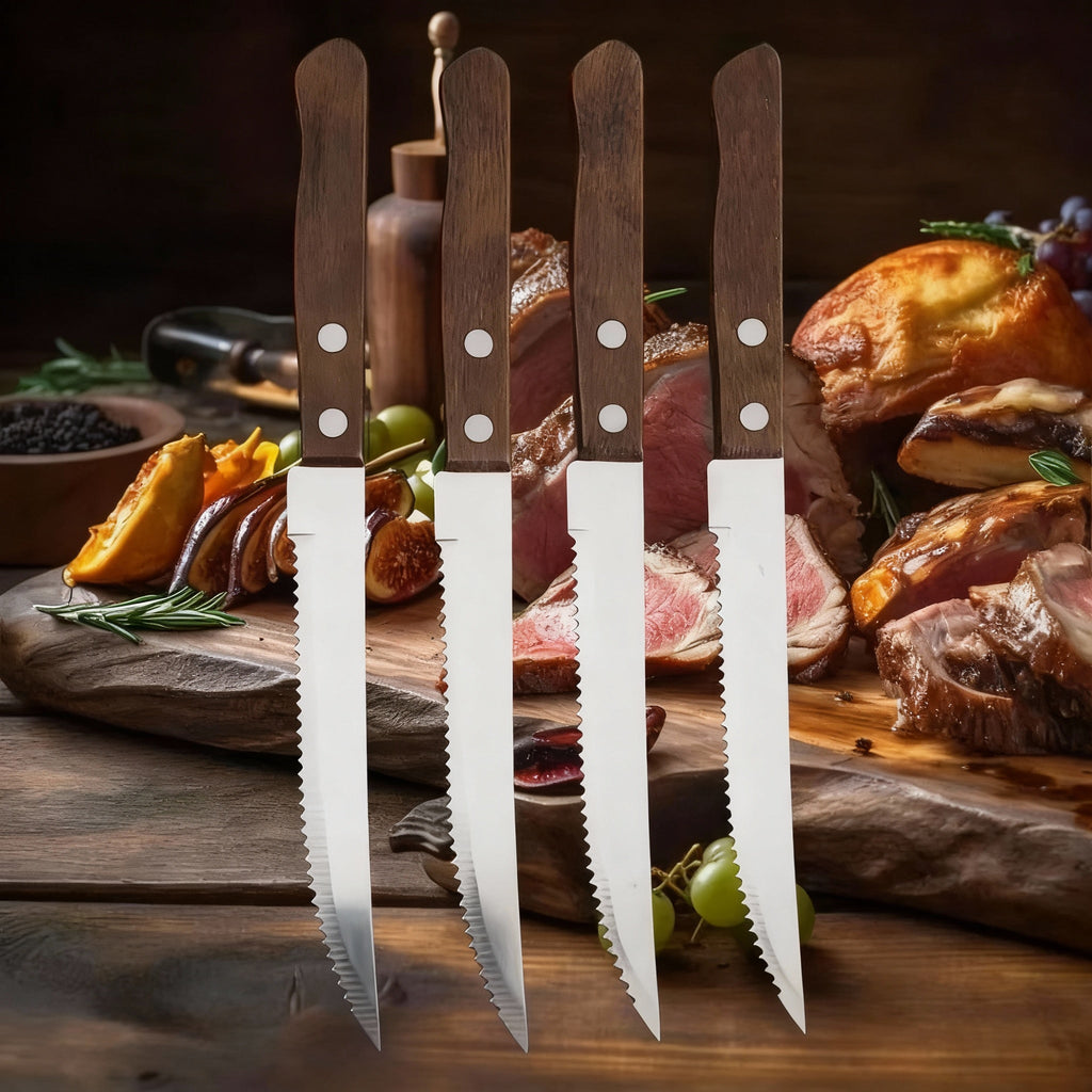 Premium Stainless Steel Steak Knife Set with Ergonomic Wooden Handles & Serrated Edges - Perfect for Grilling & Dining