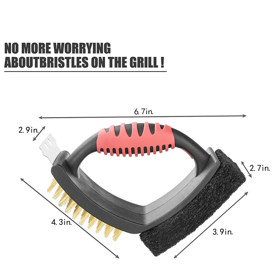 3-in-1 Grill Brush with Durable Brass Bristles & Heavy-Duty Scraper - Perfect for BBQ Cleaning
