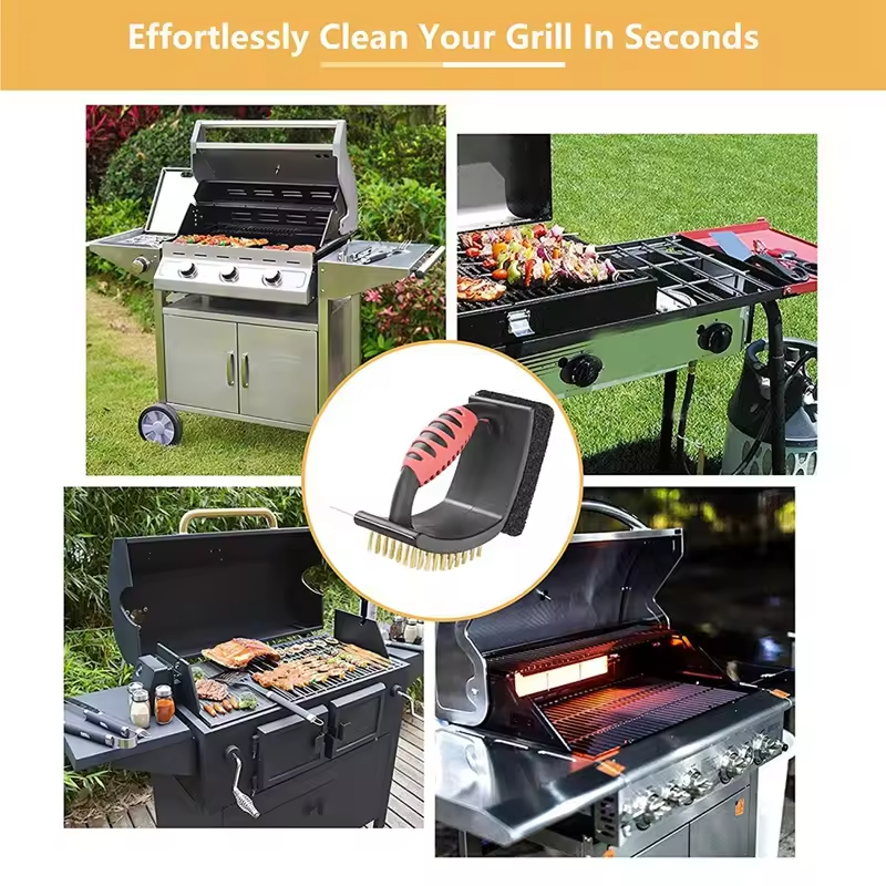 3-in-1 Grill Brush with Durable Brass Bristles & Heavy-Duty Scraper - Perfect for BBQ Cleaning