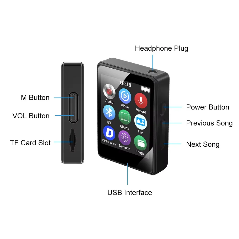 Compact Bluetooth MP3 Music Player - High-Quality Stereo Audio & Video Playback, Portable Design