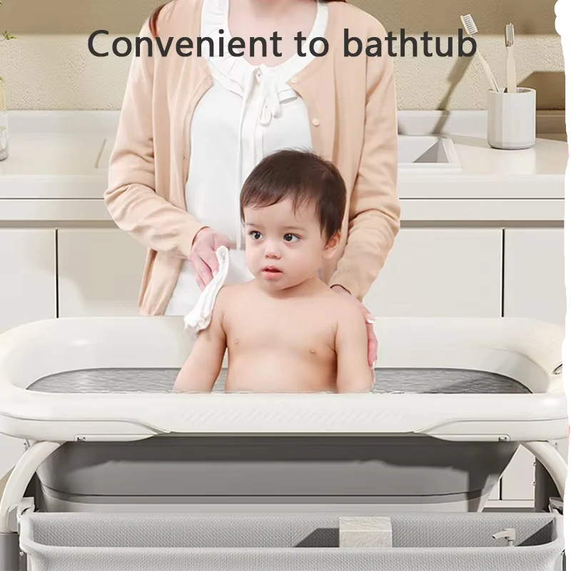 Adjustable Height Foldable Baby Changing Table with Integrated Bath - Space-Saving Design for Convenient Diaper Changes