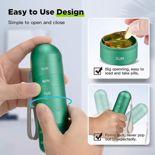 7-Day Aluminum Travel Pill Organizer Case with Compartments – Durable & Lightweight Medication Holder for Vitamins & Supplements