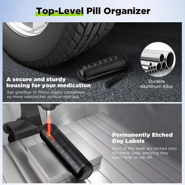 7-Day Aluminum Travel Pill Organizer Case with Compartments – Durable & Lightweight Medication Holder for Vitamins & Supplements