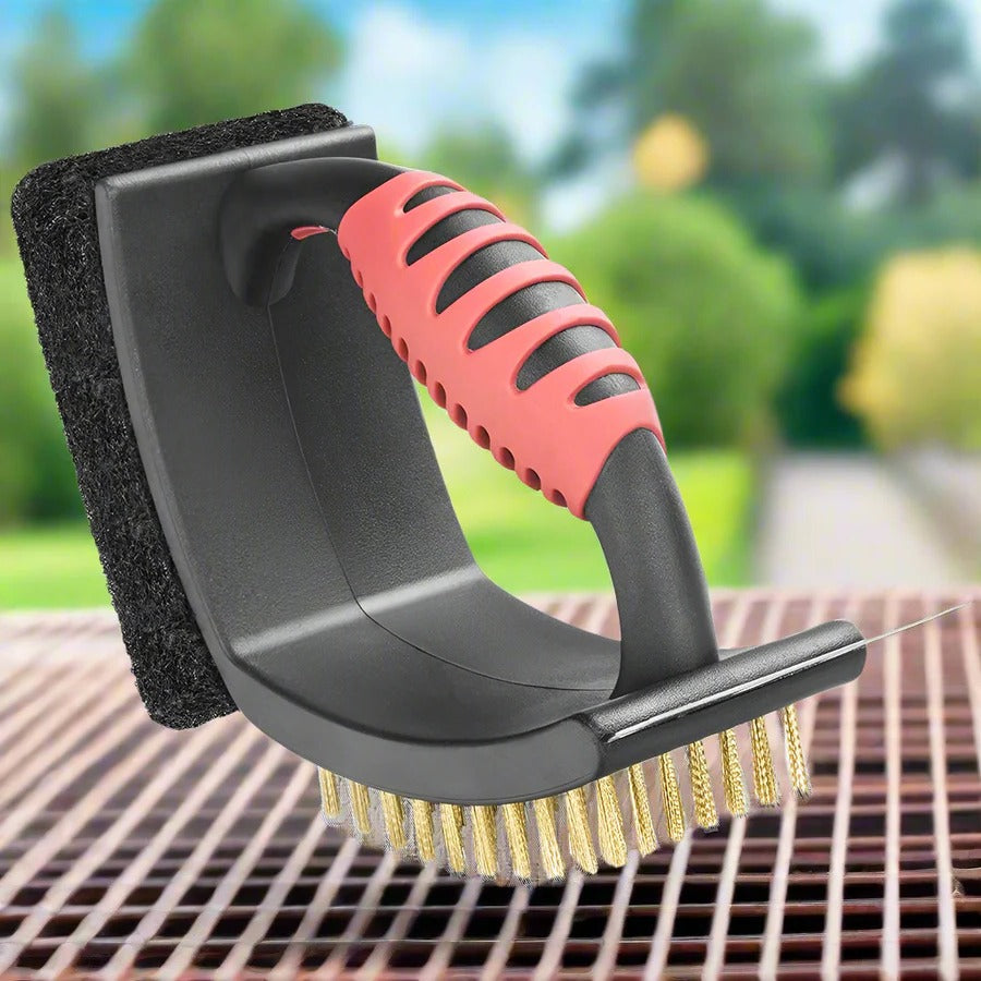 3-in-1 Grill Brush with Durable Brass Bristles & Heavy-Duty Scraper - Perfect for BBQ Cleaning