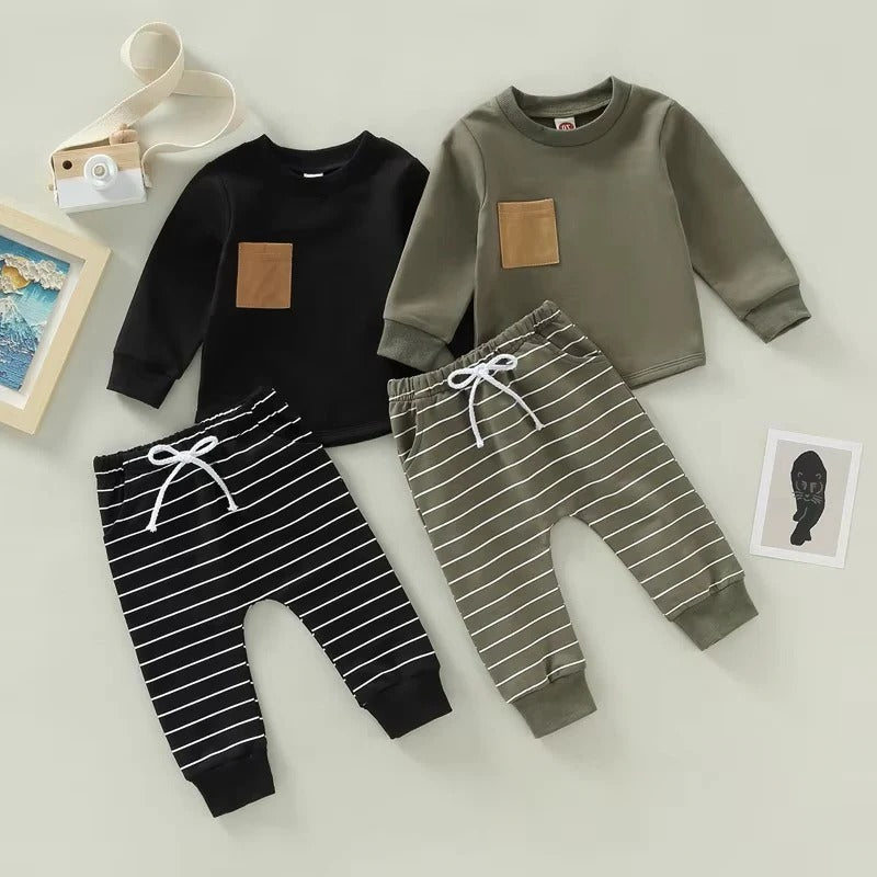 Toddler Boys Fall Outfit Set - Cozy Pullover & Striped Pants, 2-Piece Clothing Set for Boys