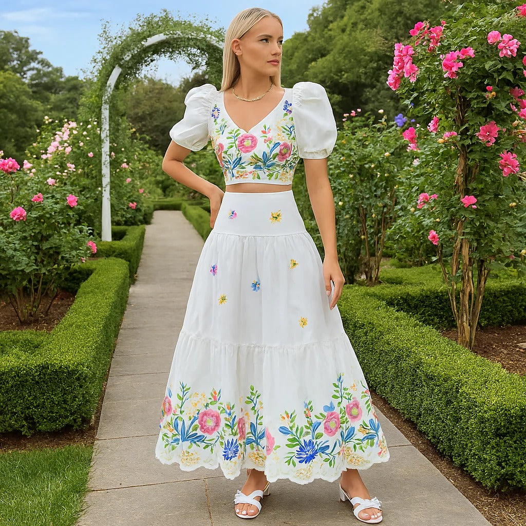 Women's Floral Puff Sleeve Crop Top & Ruched Skirt Set - Stylish Two-Piece Outfit for Summer