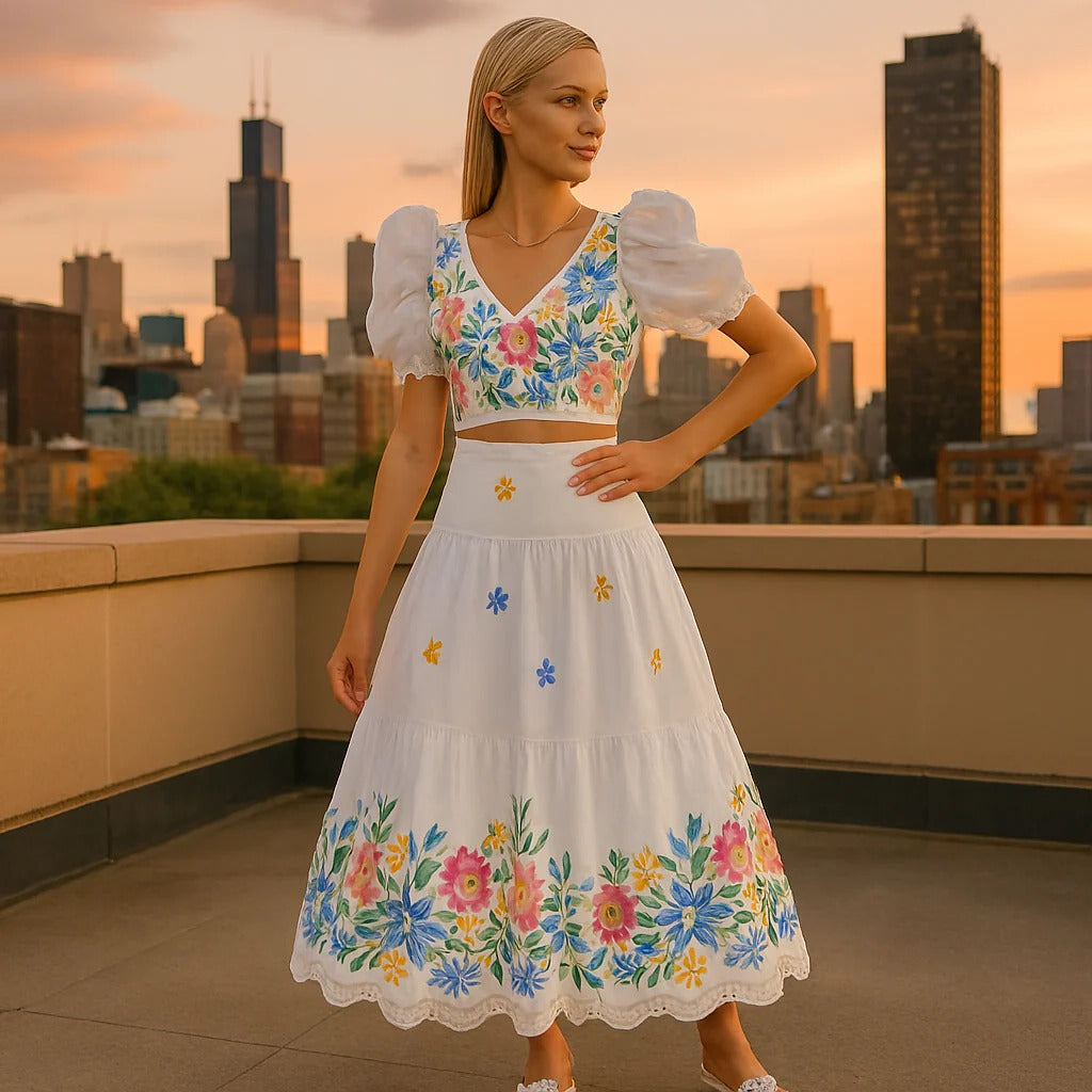 Women's Floral Puff Sleeve Crop Top & Ruched Skirt Set - Stylish Two-Piece Outfit for Summer