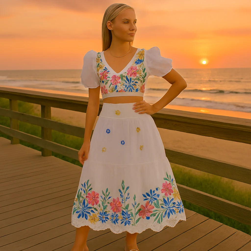 Women's Floral Puff Sleeve Crop Top & Ruched Skirt Set - Stylish Two-Piece Outfit for Summer