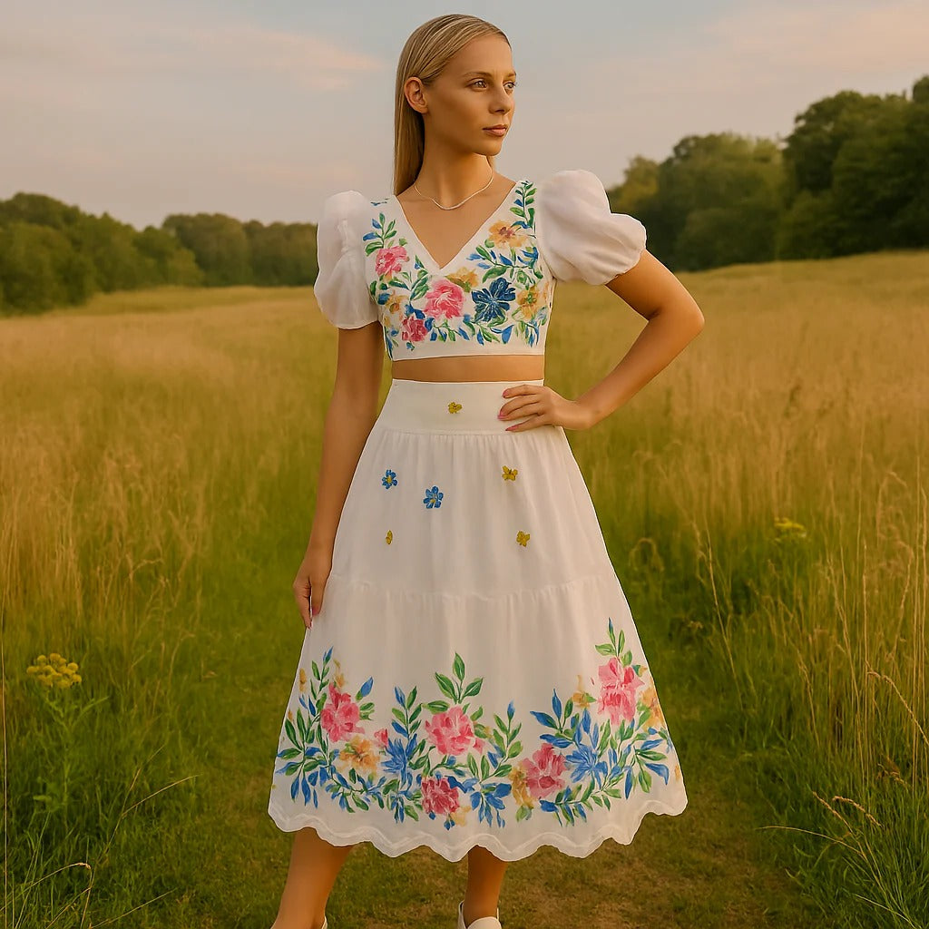 Women's Floral Puff Sleeve Crop Top & Ruched Skirt Set - Stylish Two-Piece Outfit for Summer