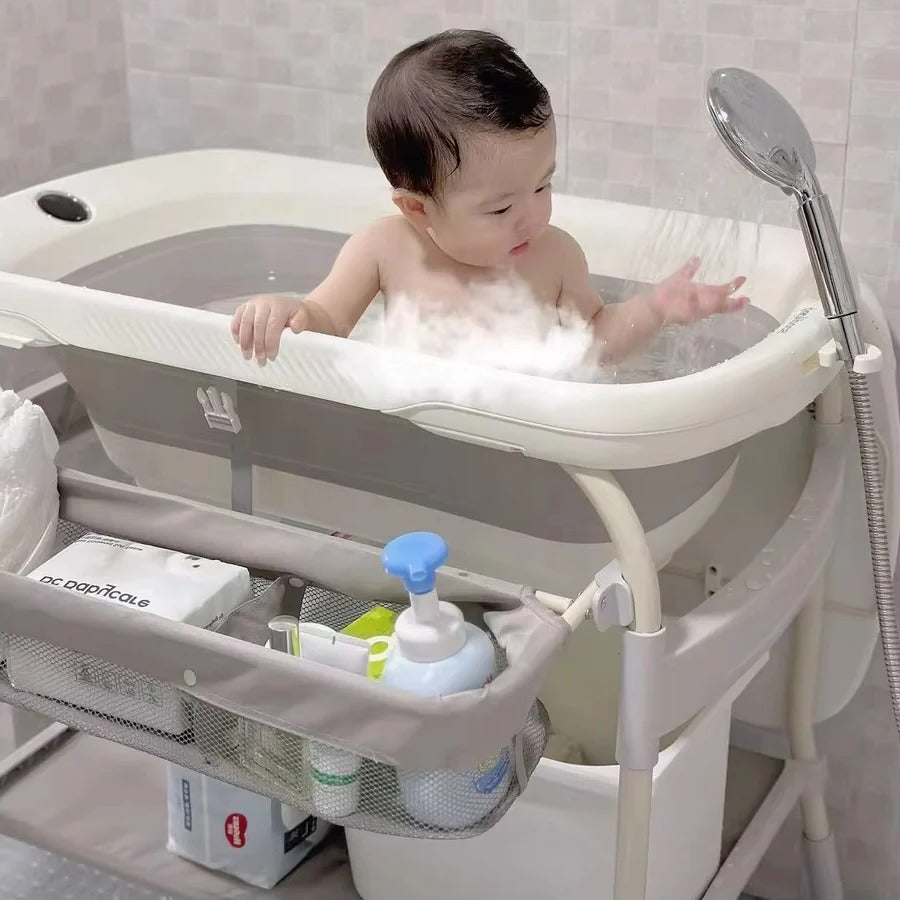 Adjustable Height Foldable Baby Changing Table with Integrated Bath - Space-Saving Design for Convenient Diaper Changes