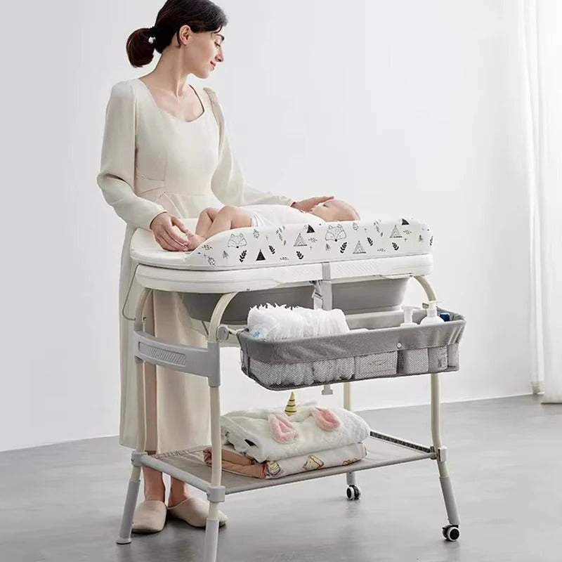 Adjustable Height Foldable Baby Changing Table with Integrated Bath - Space-Saving Design for Convenient Diaper Changes