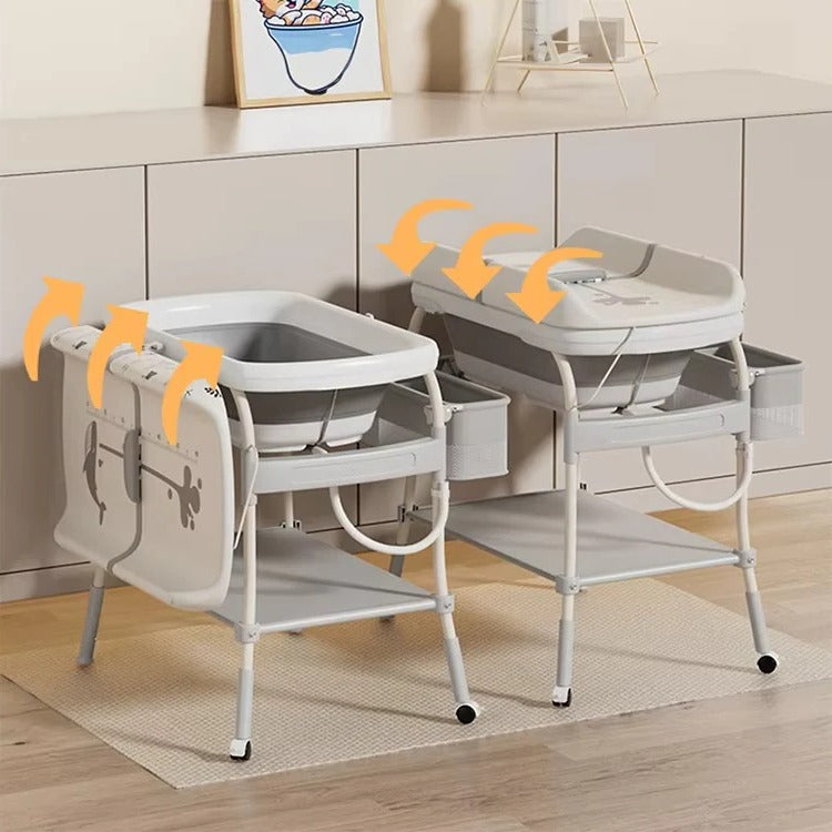Adjustable Height Foldable Baby Changing Table with Integrated Bath - Space-Saving Design for Convenient Diaper Changes