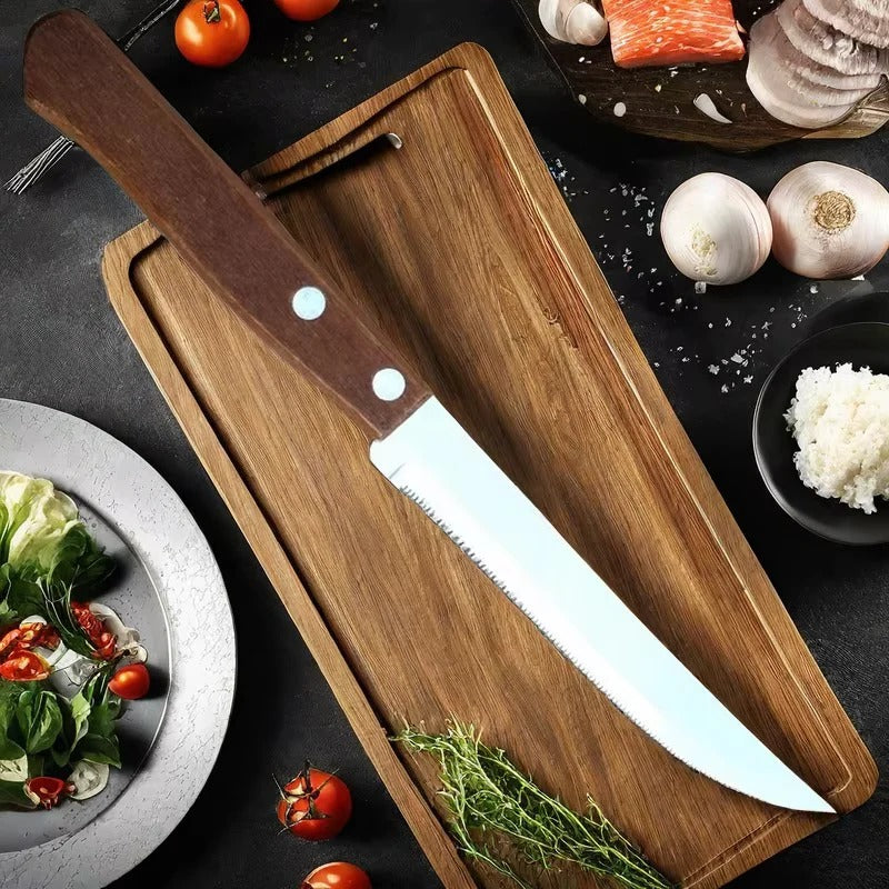 Premium Stainless Steel Steak Knife Set with Ergonomic Wooden Handles & Serrated Edges - Perfect for Grilling & Dining
