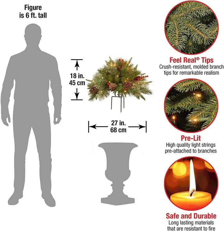 Pre-Lit LED Evergreen Urn Filler - Festive Holiday Decoration for Indoor & Outdoor Use