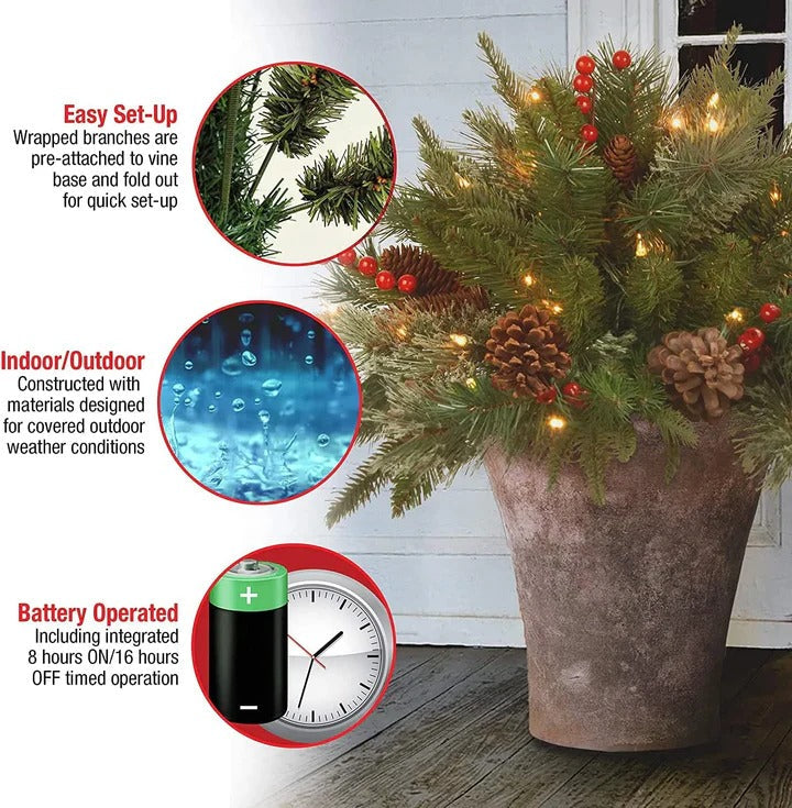 Pre-Lit LED Evergreen Urn Filler - Festive Holiday Decoration for Indoor & Outdoor Use