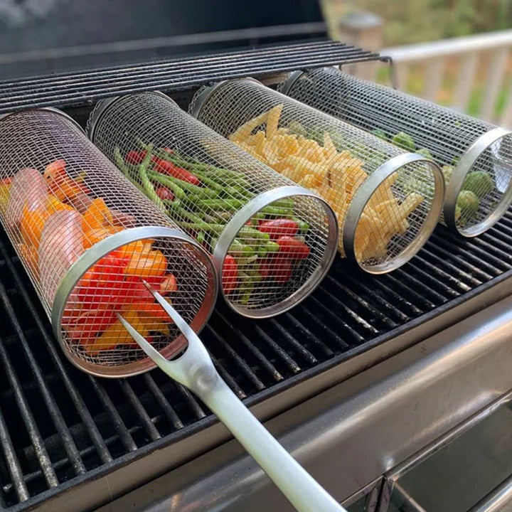 Premium Rotating BBQ Grill Basket with Locking Latch - Perfect for Even Cooking and Easy Handling