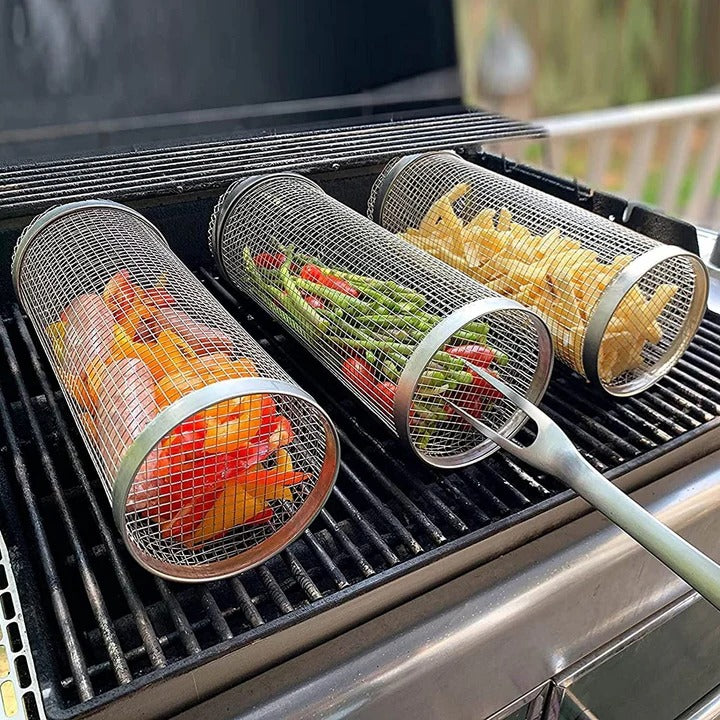 Premium Rotating BBQ Grill Basket with Locking Latch - Perfect for Even Cooking and Easy Handling