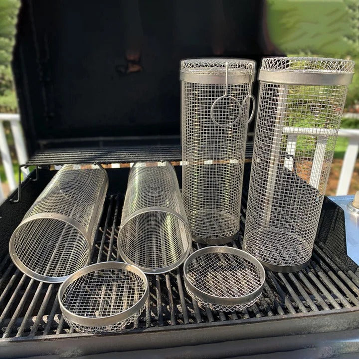 Premium Rotating BBQ Grill Basket with Locking Latch - Perfect for Even Cooking and Easy Handling