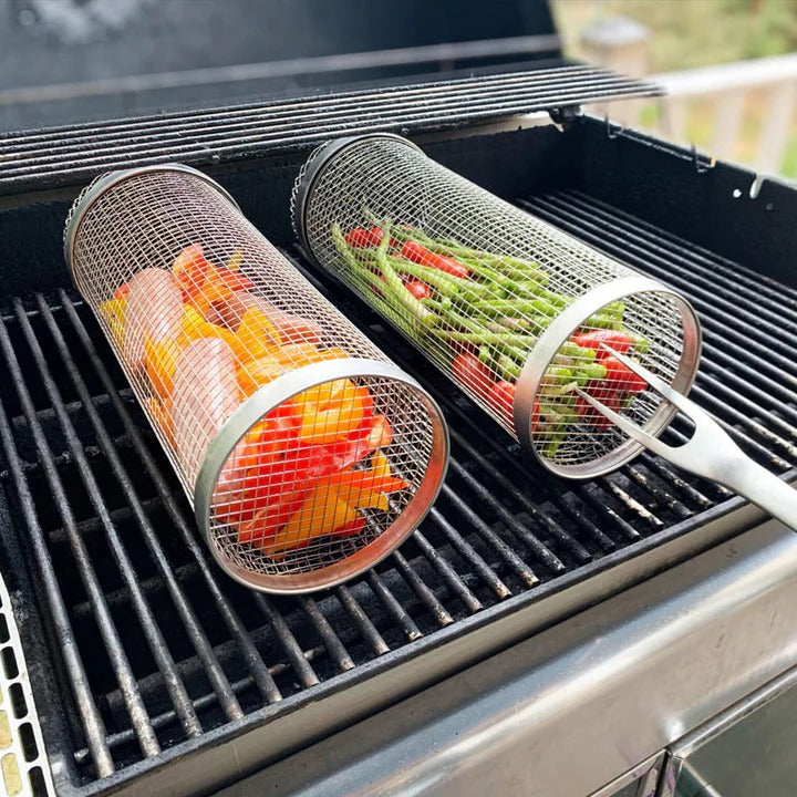 Premium Rotating BBQ Grill Basket with Locking Latch - Perfect for Even Cooking and Easy Handling