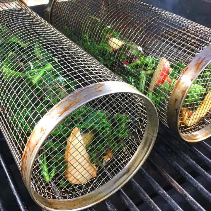 Premium Rotating BBQ Grill Basket with Locking Latch - Perfect for Even Cooking and Easy Handling