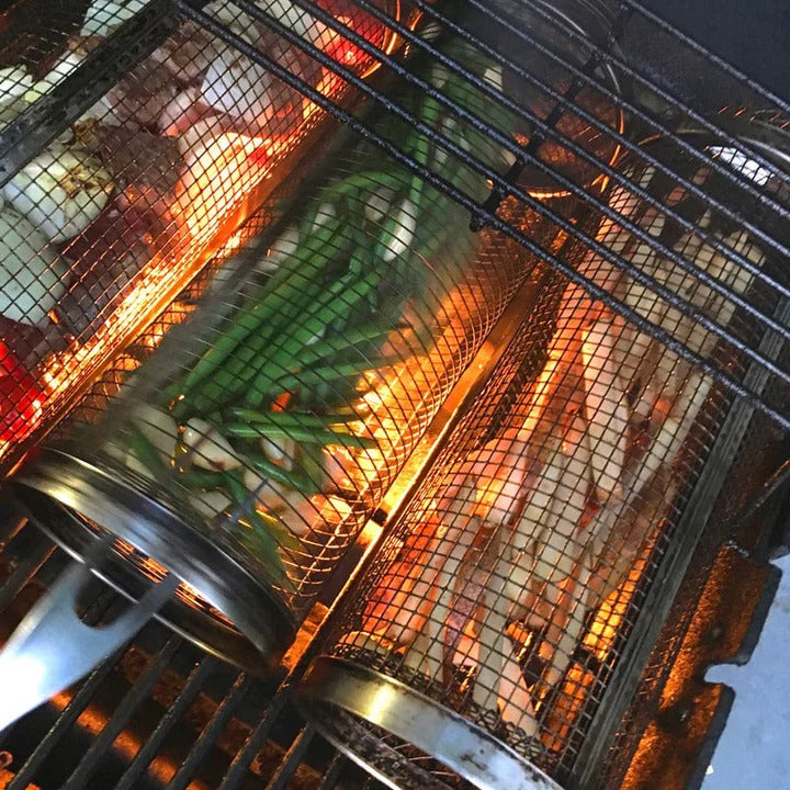 Premium Rotating BBQ Grill Basket with Locking Latch - Perfect for Even Cooking and Easy Handling