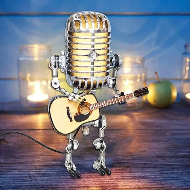 Unique Metal Robot Desk Lamp - Guitar & Microphone Design - Perfect for Music Lovers & Creative Workspaces