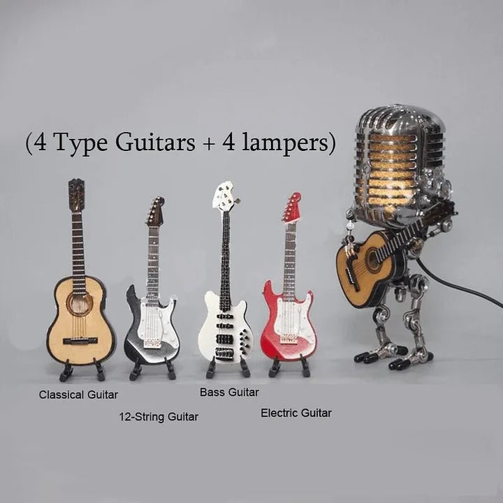 Unique Metal Robot Desk Lamp - Guitar & Microphone Design - Perfect for Music Lovers & Creative Workspaces
