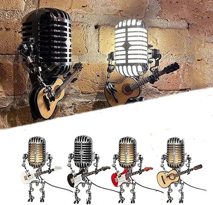 Unique Metal Robot Desk Lamp - Guitar & Microphone Design - Perfect for Music Lovers & Creative Workspaces