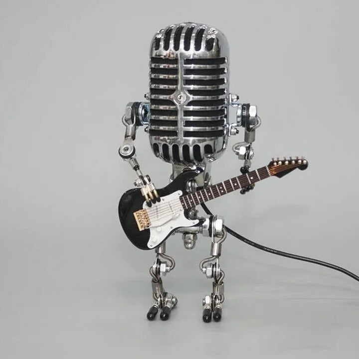 Unique Metal Robot Desk Lamp - Guitar & Microphone Design - Perfect for Music Lovers & Creative Workspaces