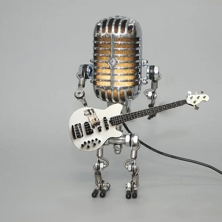 Unique Metal Robot Desk Lamp - Guitar & Microphone Design - Perfect for Music Lovers & Creative Workspaces
