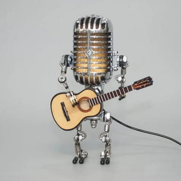 Unique Metal Robot Desk Lamp - Guitar & Microphone Design - Perfect for Music Lovers & Creative Workspaces