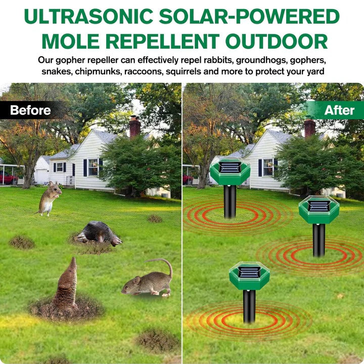 4-Pack Solar Powered Ultrasonic Mole Repellent Devices - Eco-Friendly Pest Control Solution