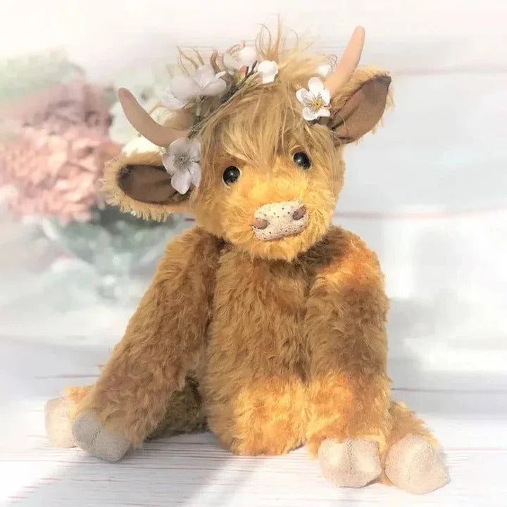 Adorable Highland Cow Plush Toy with Floral Accent - Soft & Cuddly Stuffed Animal for Kids & Decor