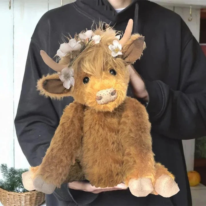 Adorable Highland Cow Plush Toy with Floral Accent - Soft & Cuddly Stuffed Animal for Kids & Decor
