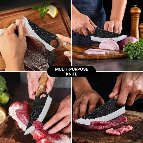 Premium Carbon Steel Utility Kitchen Knife with Ergonomic Wooden Handle - Versatile Chef's Tool for Precision Cutting and Food Preparation